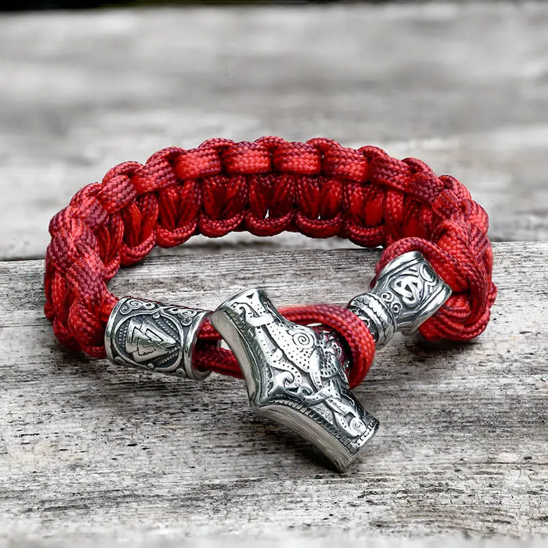 GTHIC Adjustable Red Thor’s Hammer Valknut Stainless Steel Paracord Bracelet, Bold Design Viking Jewelry for Men, Funky Unique Accessories for Daily Wear, 23Cm