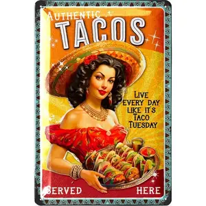 Vintage Tacos Pattern Metal Sign, Retro Kitchen Food Poster, Wall Decor for Taco Bar Hot Dog Stand, Shabby Chic Home Decor