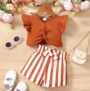 Baby Girl Solid Color Twist Front Cap Sleeve Top With Striped Bowknot Paper Bag Waist Shorts, Vacation Casual Outfits