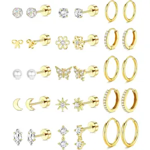 YADOCA Flat Back Earrings for Women Hypoallergenic Surgical Stainless Steel Stud Hoop Earrings for Women Girls Cute 14K Gold Plated Stud Earring Set Small Huggie Hoops Cartilage Earring Stacks