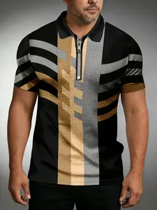 Men's Geometric Printed Half Zipper Polo, Fashionable Trend, Comfortable Material, Fashionable Men