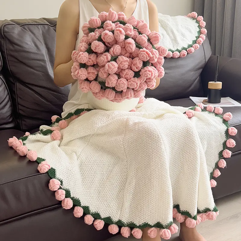 【Summer Sale】ROSEKIND Finished Flower Bouquet Blanket,Handmade Crochet Flower Blanket,2-in-1 Soft Knitted Throw Rose Blanket, Romantic Gift for Birthday Wedding Valentine’s Day Mother's Day for Mom Girls and Sisters,Gifts for All Occasions