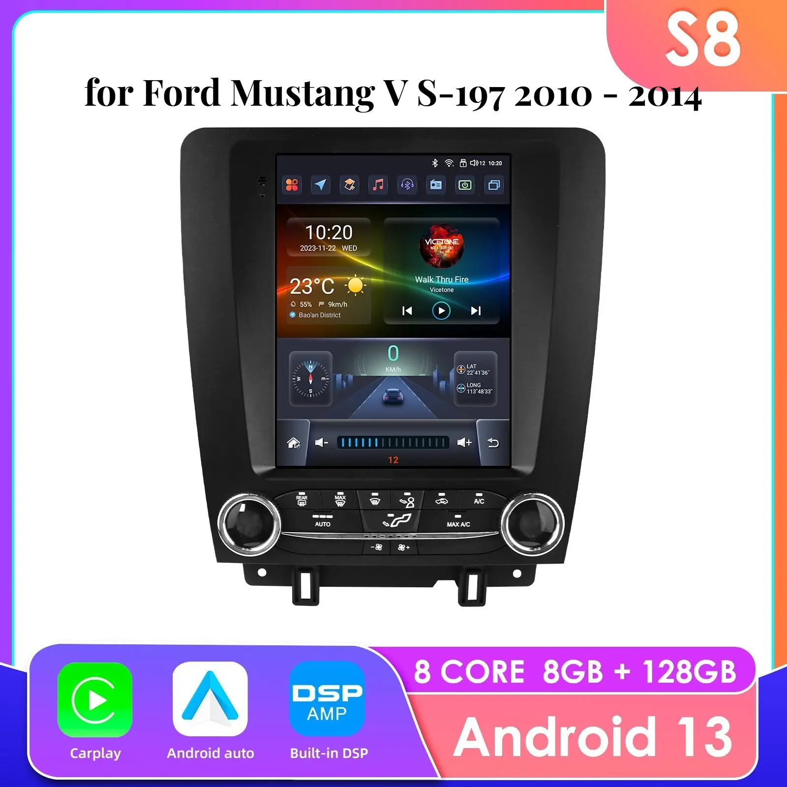 Hizpo 12V Android Touchscreen Car Radio Stereo Bluetooth Head Unit for Ford Mustang V S-197 (2010-2014) with Backlit LED Multimedia Screen, GPS Navigation, Android Auto & CarPlay
