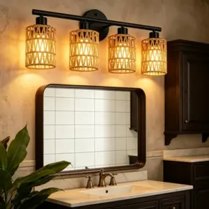 4-Heads Bathroom Vanity Wall Light Modern Decorative Wall Lamp with Faux Rattan Woven Texture Shade Moisture-Resistant Natural Garden Style Fixture Warm Shadow Ambient Lighting Ideal for Bedroom Bathroom Living Room (Bulbs Not Included)