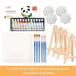 Anbeiyu Acrylic Paint Canvas Set, 32-Piece Professional Art Kit, Includes 4 Wooden Stands, 4 Blank Canvases, 4 Palettes, 12 Colors, 8 Brushes