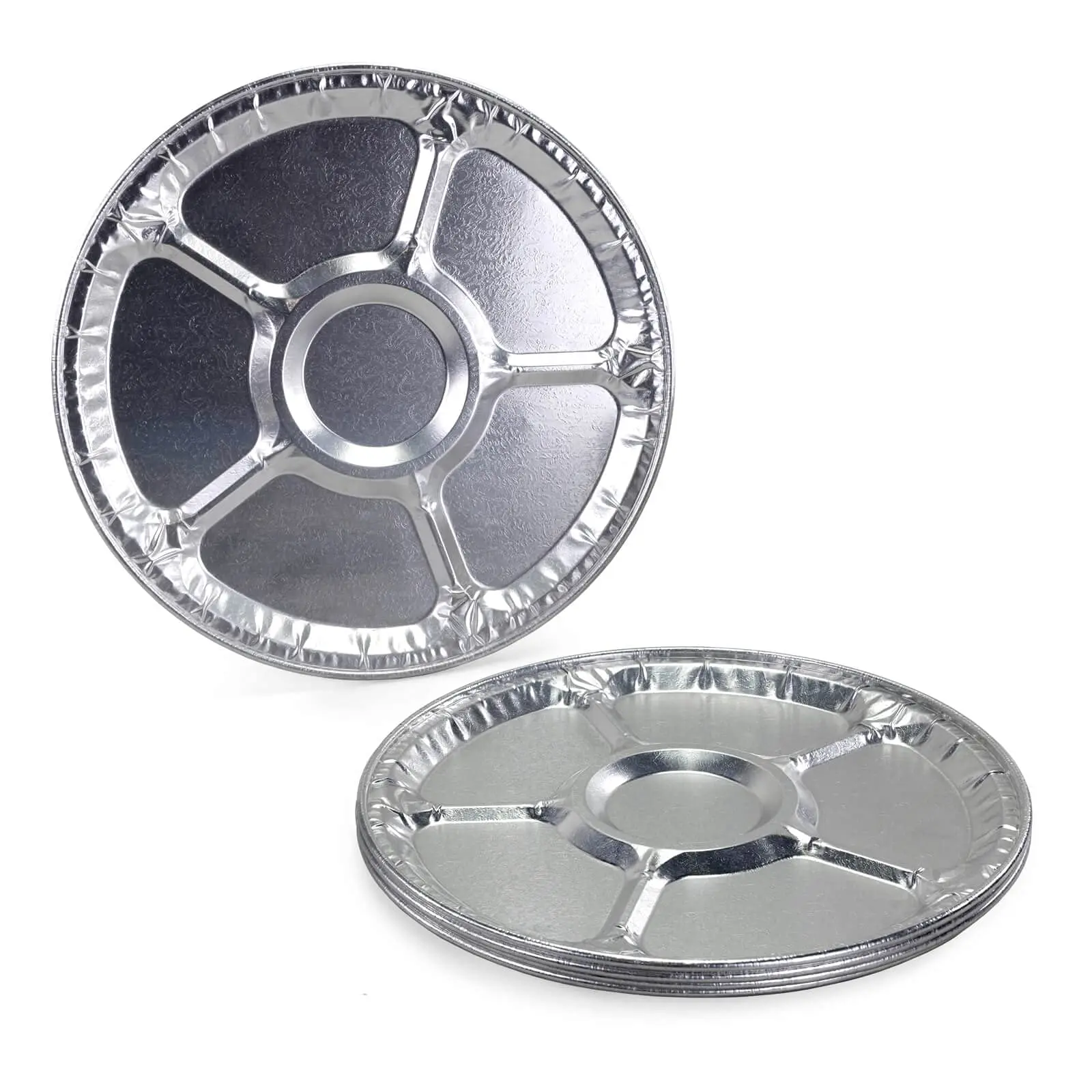 IDL Packaging 12" Lazy Suzan Aluminum Foil Tray with Ornament (pack of 5) - Round Aluminum Foil Plates with Compartments and Raised Sides - Disposable Caterware for Catering and Party Servings