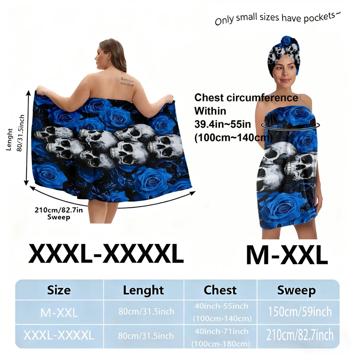 Plus size (M-XXXXL) blue rose and skull hair towel, suitable for women, post-shower, spa, and pool use. A must-have for home and travel. Shower Towels