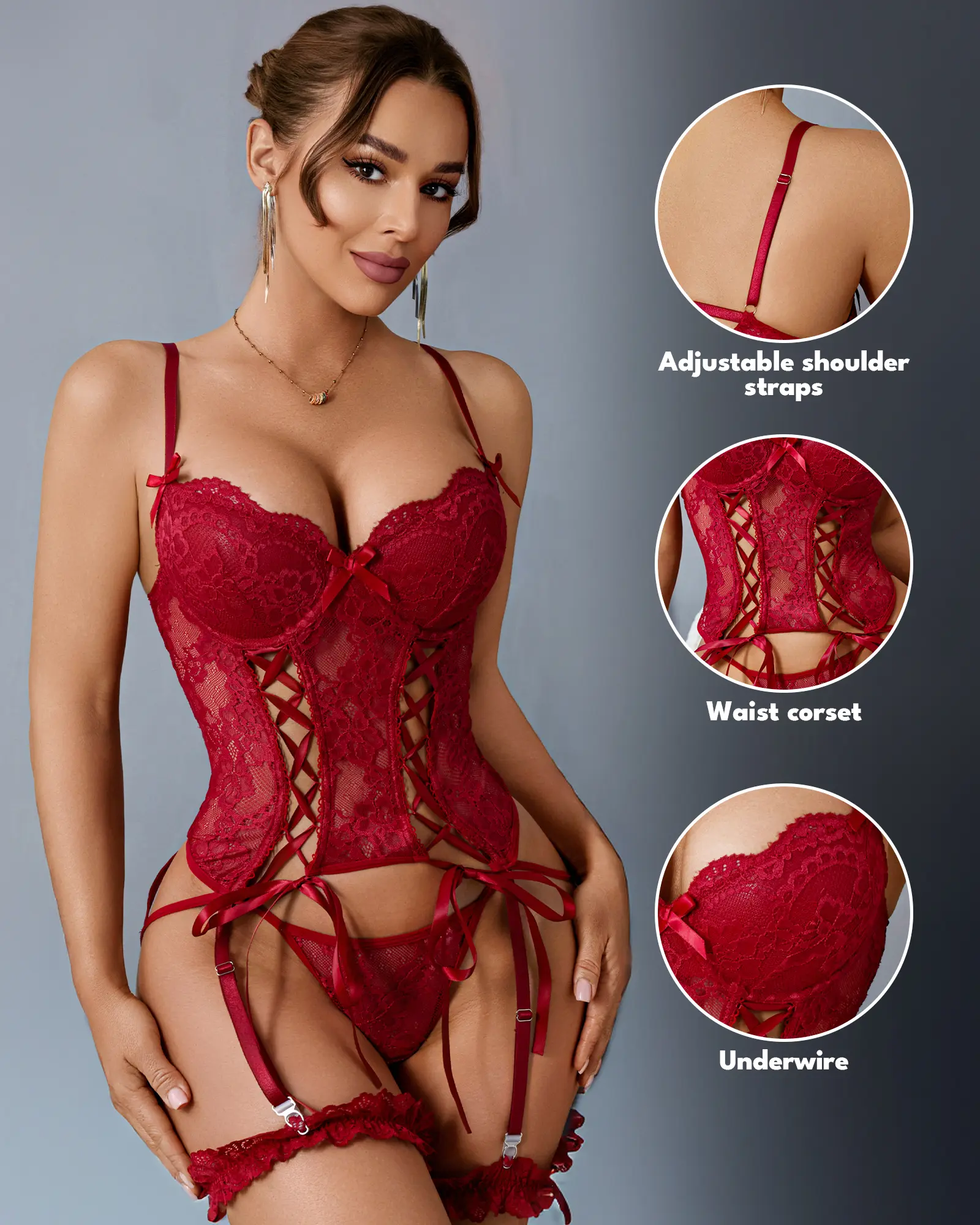 CHALOVELO Women Lace Corset Lingerie Set, Underwire Bustier Teddy with Thong and Thigh Straps, Lace Up Floral Babydoll