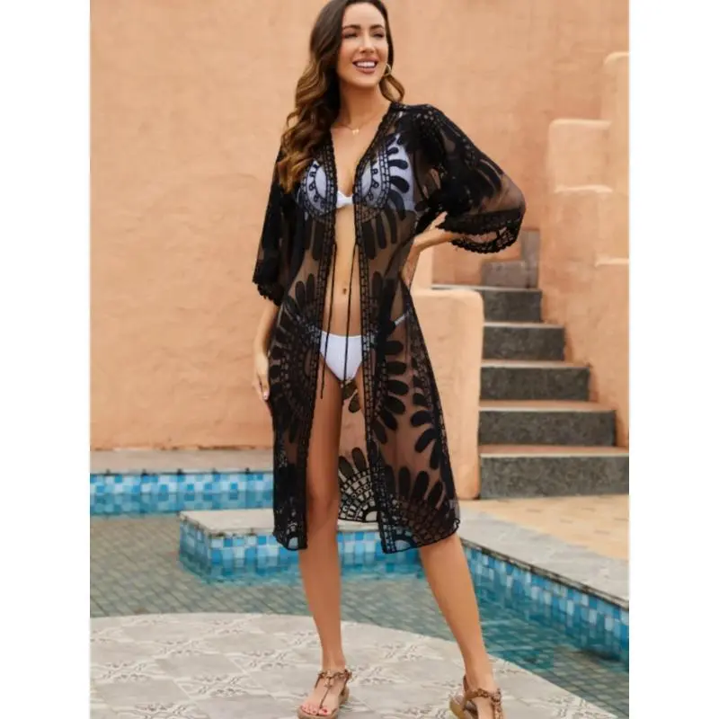 Women's Floral Print Contrast Lace Tie Front 3/4 Sleeve Sheer Cardigan Bikini Swimsuit Coverup - Lightweight Summer Beach Holiday Sports & Outdoor Protective Gear