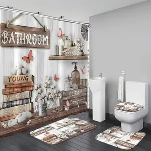 DDQQ 4Pcs Shower Sets, Farmhouse Style Curtains Shower Set, Cupboard Sets, Shower with Rugs, Lid Cover, Bath Mat and 12, 71 x 71 in