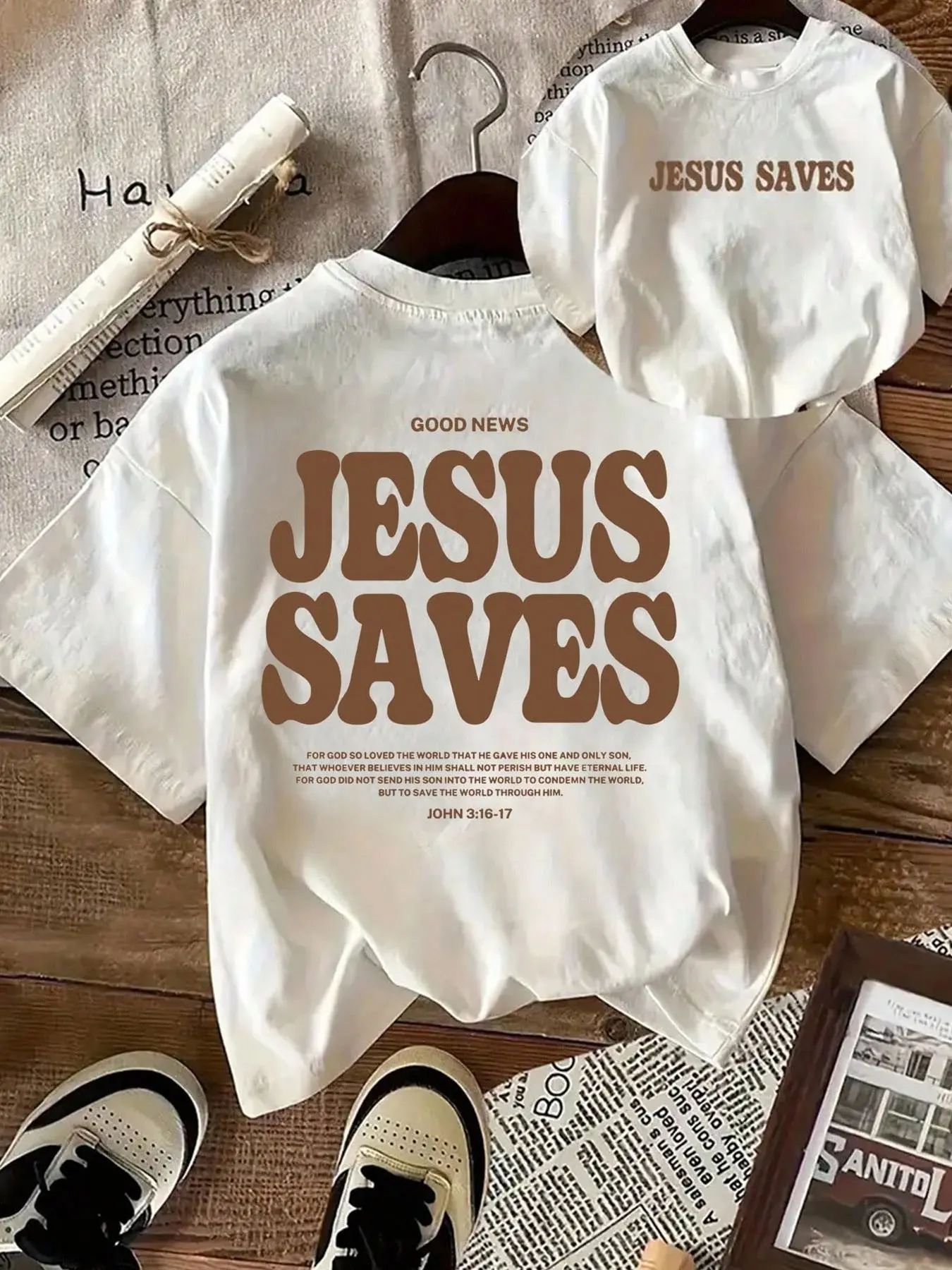 Ladies' Loose-fit Casual T-shirt Set, featuring the biblical verse print of "Jesus Saves". This white faith-themed casual top is made of soft cotton fabric, ideal for church gatherings and family outings.
