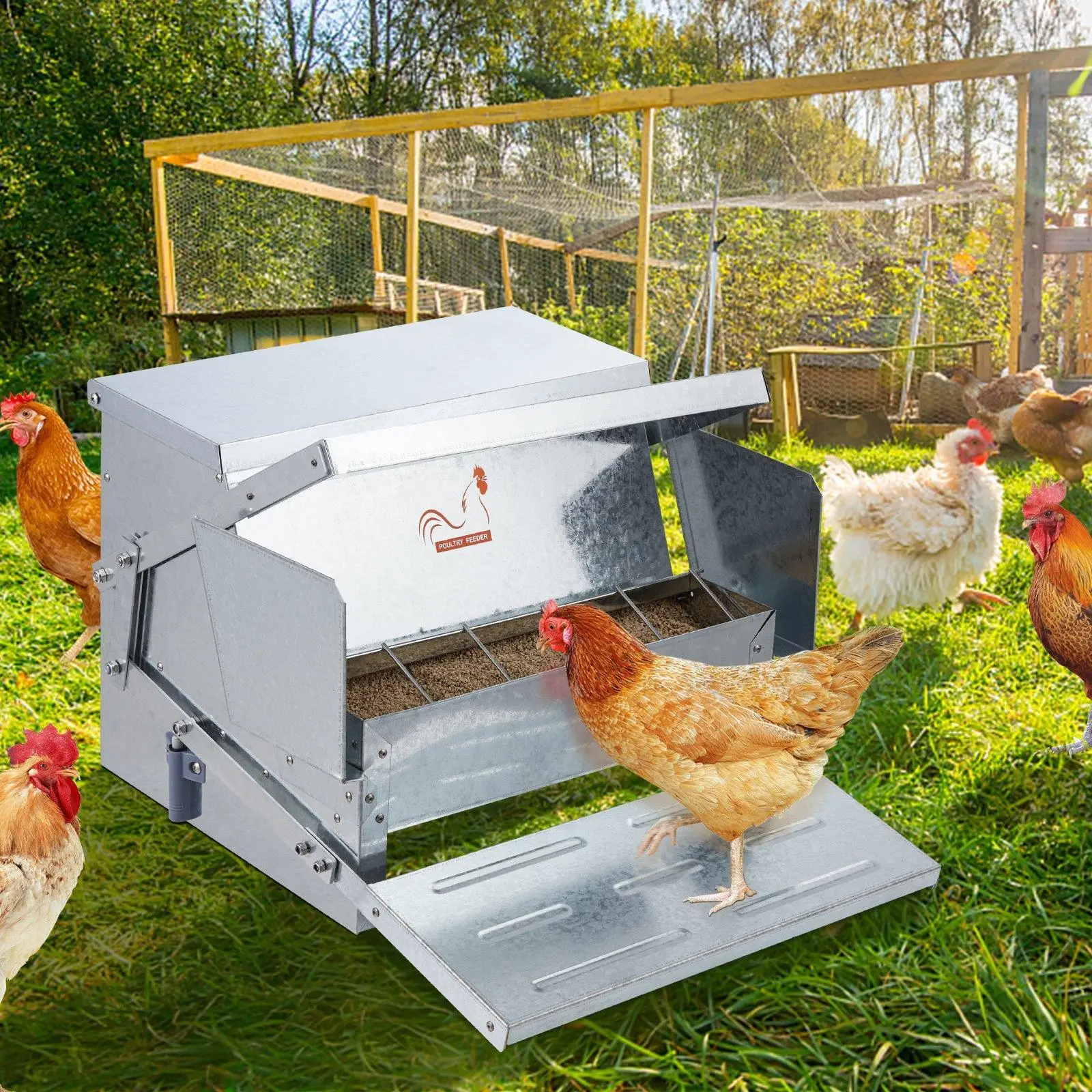 VEVOR Rust-Resist Steel Automatic Chicken Feeder - 25 lbs Capacity, Feeds 10 Chickens for Up to 11 Days, Adjustable Angles, Easy Adaptation, Magnetic Lock Poultry Feeding Tool (Self-Feed, TikTokShopBlackFriday)