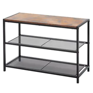 3-Tier Shoe Bench with Storage, Industrial Entryway Sturdy Shoe Rack Organizer Bench with Mesh Shelves for Entryway, Hallway & Living Room, Easy Assembly, Brown and Black