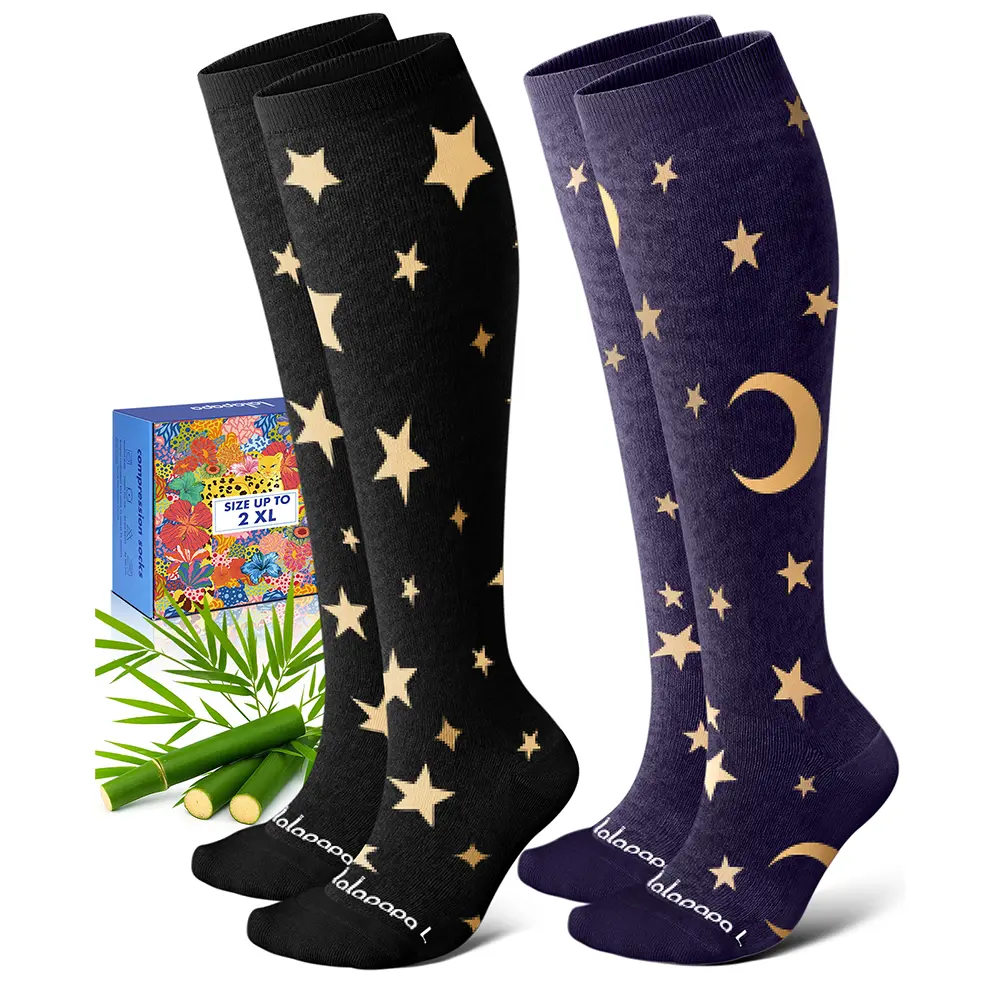 Lalapapa Natural Bamboo Viscose Seamless Long Compression Socks - 2 Pairs 15-20mmHg Knee-High (Spandex, Nylon Blend) for Nurses, Ideal Mother's Day Gift for Comfort & Care,summerwins,father'sdaygifts,campingessentials,campinggear
