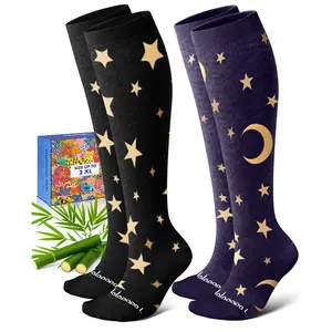 Bamboo Viscose Compression Socks for Women Men 2 Pairs 15-20mmHg Knee High Compression Socks Travel Nurse