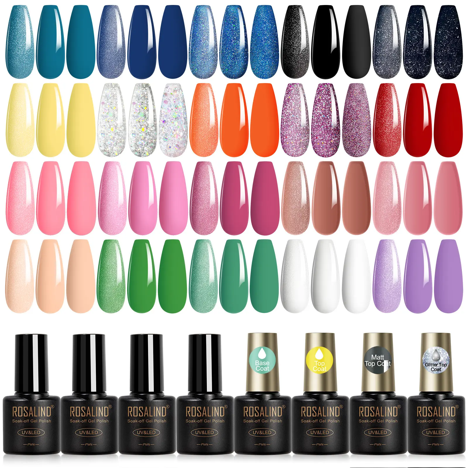 ROSALIND 24-Piece Gel Nail Polish Kit – 20 Vibrant Color (Purple, Blue, Nude, Red, Green), 4 Essential Coats, No-Wipe Glossy/Matte/Glitter Top & Base Coats, Long-Lasting All Season DIY Nail Art Gift for Women