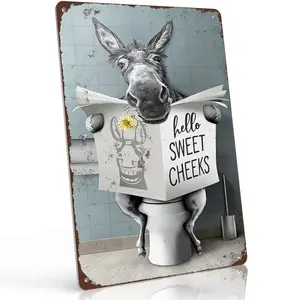 8x12 Inch Aluminum "Hello Sweet Cheeks Donkey On Toilet" Metal Sign – Whimsical Retro Wall Art for Bathroom, Cabin & Country Home. Vintage Donkey Illustration, Distressed Style & Waterproof. Perfect Gag Gift for Animal Lovers.