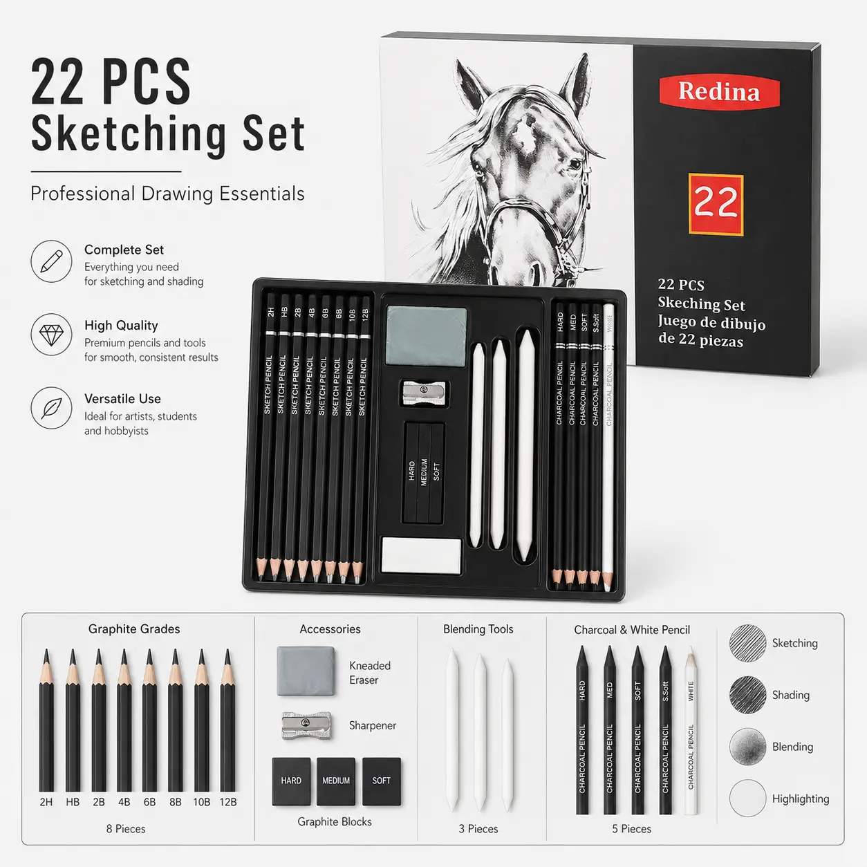22-Piece Sketching Pencil Set, Professional Drawing Kit with 2H-12B Graphite Pencils, Charcoal & White Pencils, Graphite Blocks, Blending Stumps, Kneaded Eraser & Sharpener for Drawing, Shading, Blending, Portraits & Illustration