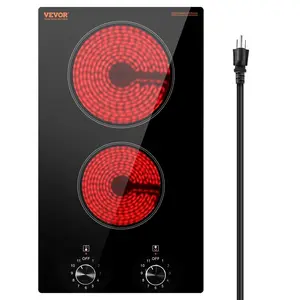 【DealsForYouDays】VEVOR Electric Cooktop, 12 inch 2 Burners Built-in Electric Stove Top, 1800W Ceramic Top Radiant Cooktop, with Glass Panel, Knob Control, 11 Heat Levels, 120V, for Diverse Cooking Requirements