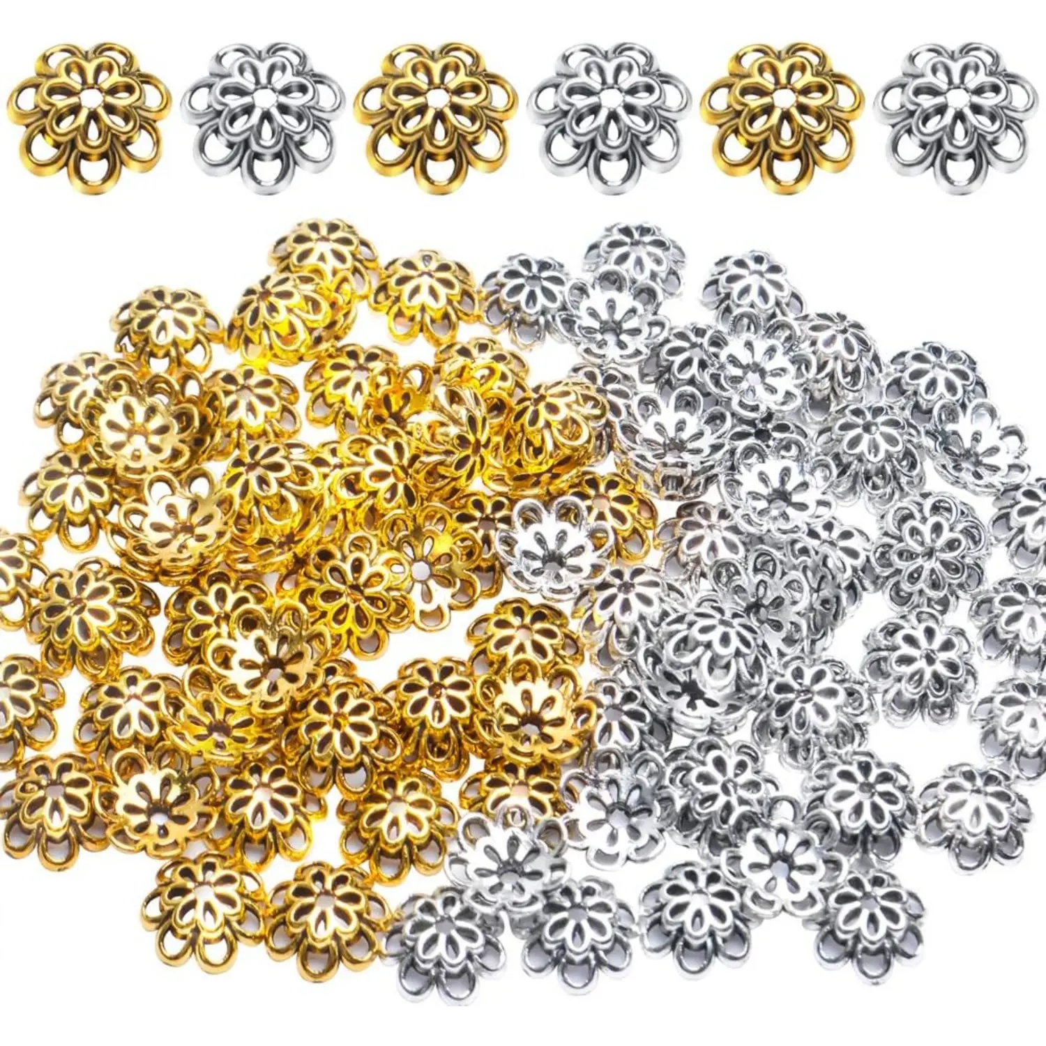 Bead Caps, 100pcs 10 mm Alloy Hollow Double Flower Bead Caps Loose Bead Spacer End Bead Caps for Bracelet Necklace Earring Crafts Making, Antique Golden and Antique Silver
