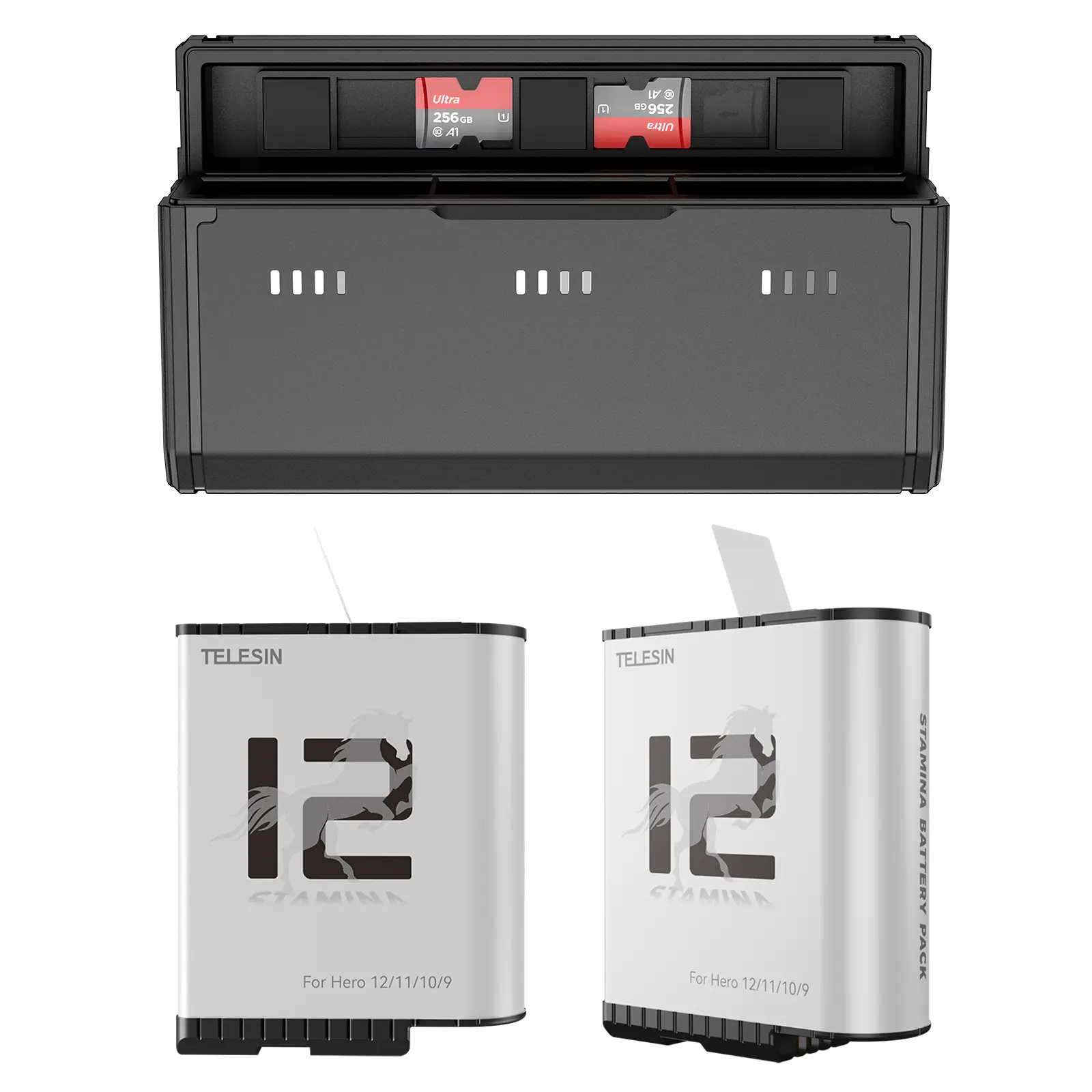 TELESIN 2-Pack Chargeable Enduro Battery & Portable Charger Case for Hero 12/11/10/9/8, OEM-Level Quality, Pocket-Sized Fast Charging, Black Camera Accessory