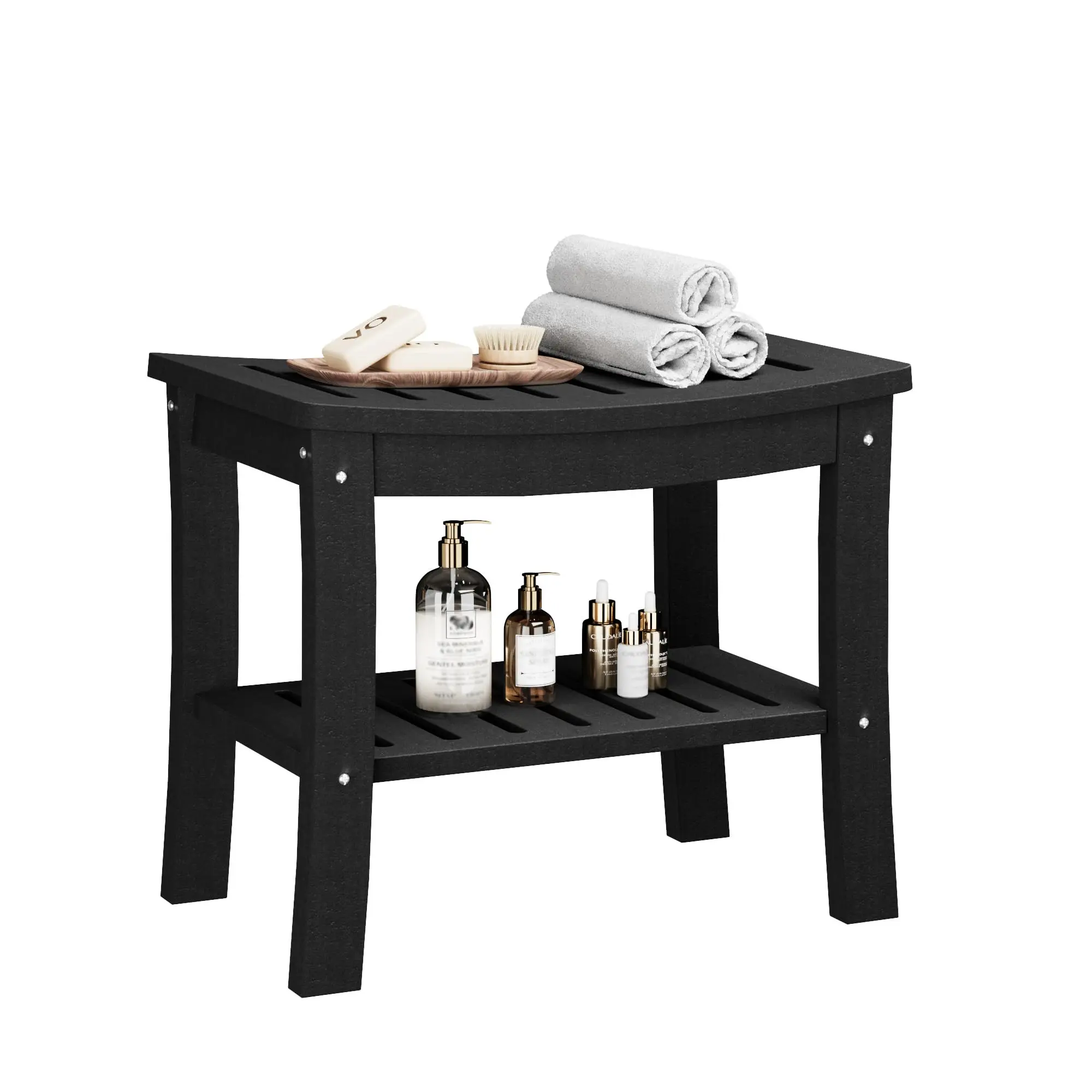 GARVEE Black HDPE Shower Bench with Storage Shelf, Waterproof Shower Seat Stool Chair for Bathroom Bathtub, Non-Slip Spa Stool, Indoor Outdoor Use, Space-Saving, No Maintenance