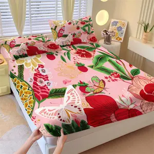 Colorful Pink Floral & Tropical Fruit Print Fitted Sheet Set, Includes 2 Pillowcases, Butterfly Floral Design, Breathable and Durable, Perfect for Nature Lover Bedroom Decor Gift, Floral Sheets, Decorative Bedsheet Sets