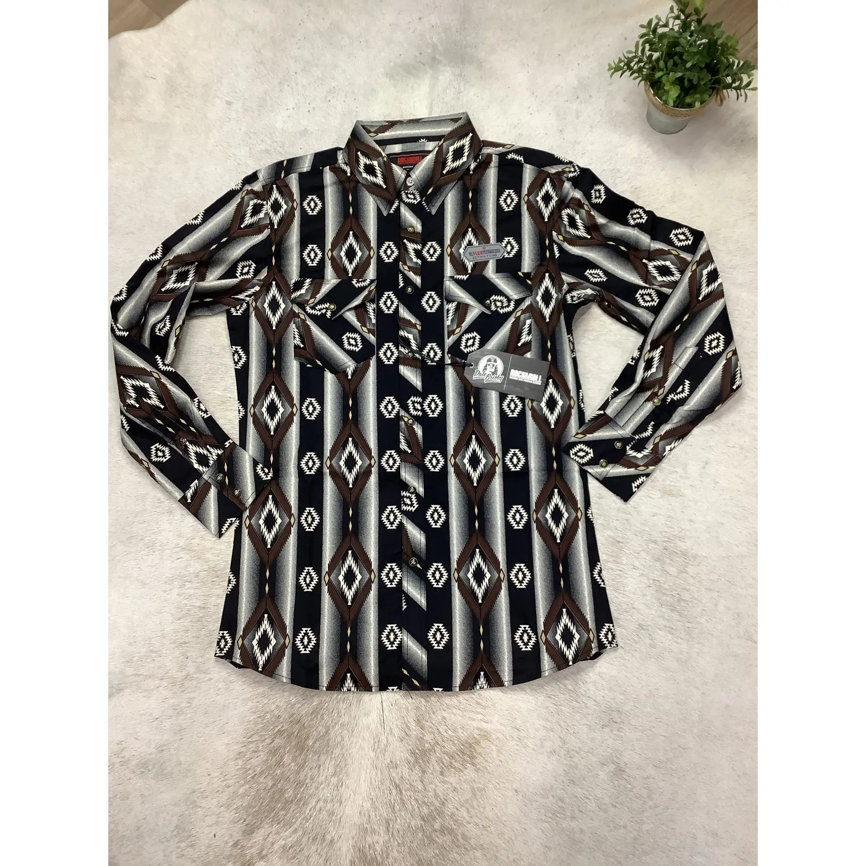 Men's Rock and roll B81 Southwestern printed long sleeve snap Dark brown