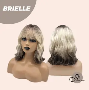 JBEXTENSION 12 Inches Bob Ombre Rooted Blonde Wavy Wig with Bangs BRIELLE