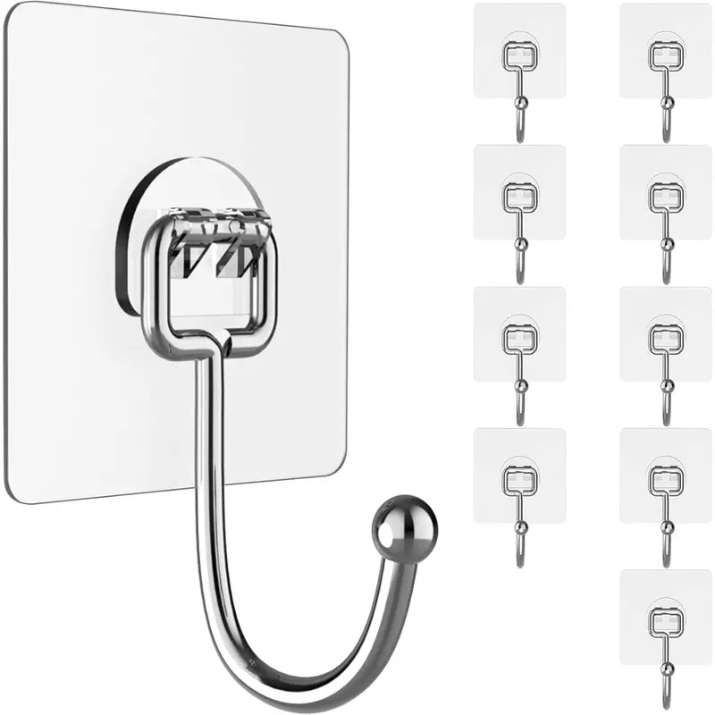 Large Heavy-Duty Adhesive Wall Hooks 44Ib Max 20 Packs Traceless Clear Removable Waterproof Rustproof for Kitchen Bathroom Home Organizer