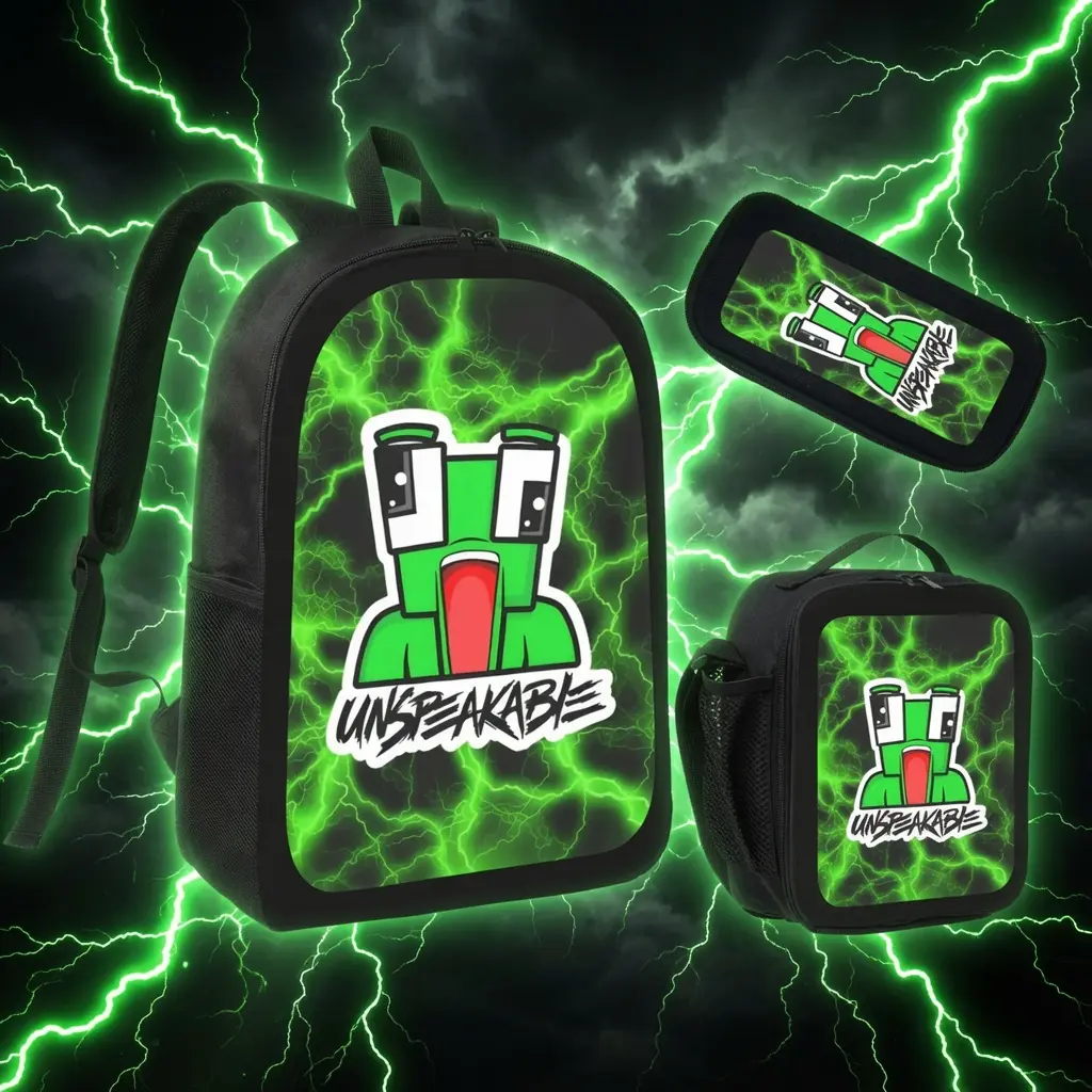 Unspeakable Gaming 3-Piece Backpack Set - 17in Boys Bookbag with Lunch Box, Pencil Case, Dual Zips, Neon Print Gaming Theme Oxford Rucksack, Youtuber School Gift for Gaming Fans, Lightning Graffiti, Polyester