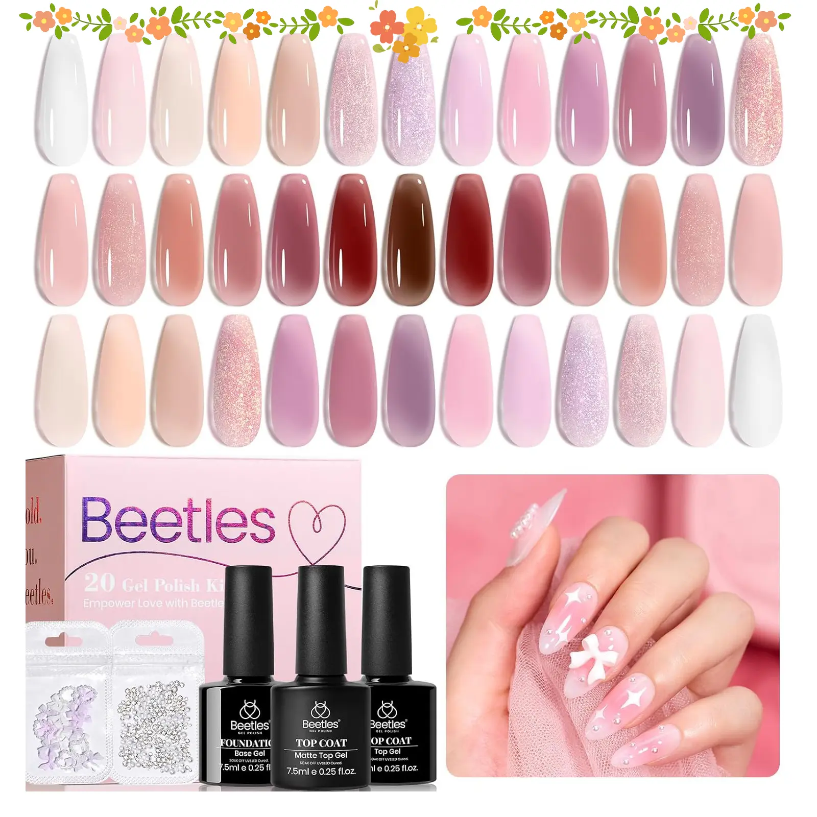 [Beetles] 6-20 Colors Jelly Gel Nail Polish Set - 7.5mL Neutral Nude Pink with Base Glossy Matte Top Coat Pearls Rhinestones Nail Charms Soak Off UV LED Gel Kit with Base & Top Coat | Gift for Women