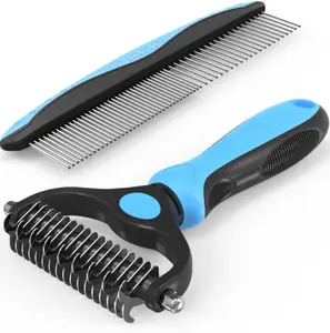 Pet Grooming Combo Kit - Blue Deshedding Brush with Metal Comb for Detangling and Dematting Long, Matted Fur on Cats Dogs # balls