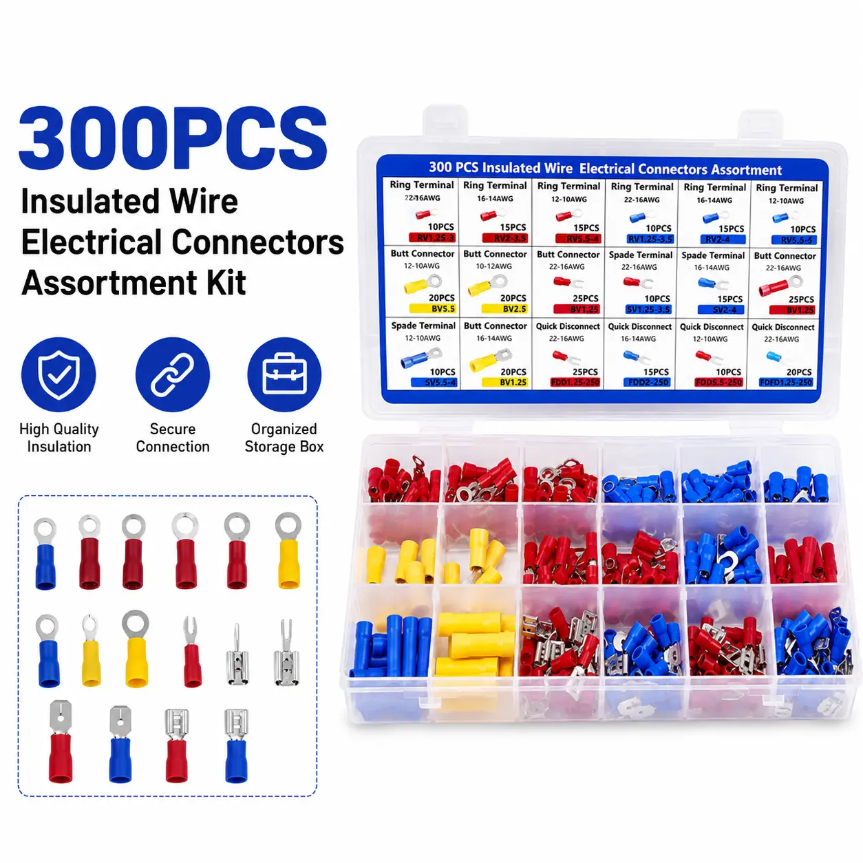 300 Piece Wire Terminal Connector Kit, Insulated Crimp Connectors Assortment, Automotive Electrical Repair Tool Set
