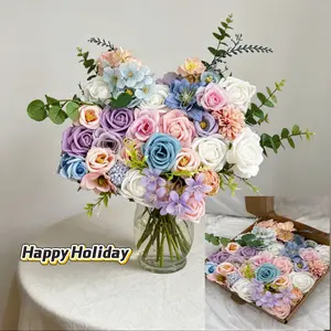 Morandi Macaron Color Artificial Flowers DIY Kit, Multi-Color Roses, Hydrangeas, Ranunculus, Leaves, Wedding, Birthday Party, Photo Background