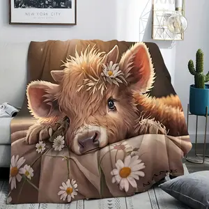 Customizable Highland Cow Print Flannel Fleece Blanket, Soft Comfortable Throw, Reversible, All-Season, Durable, Digital Print, Polyester Cover, 200-250g, Contemporary Style, Ideal for Bed, Sofa, Travel, Pet, Gift, Birthday, Christmas, New Year