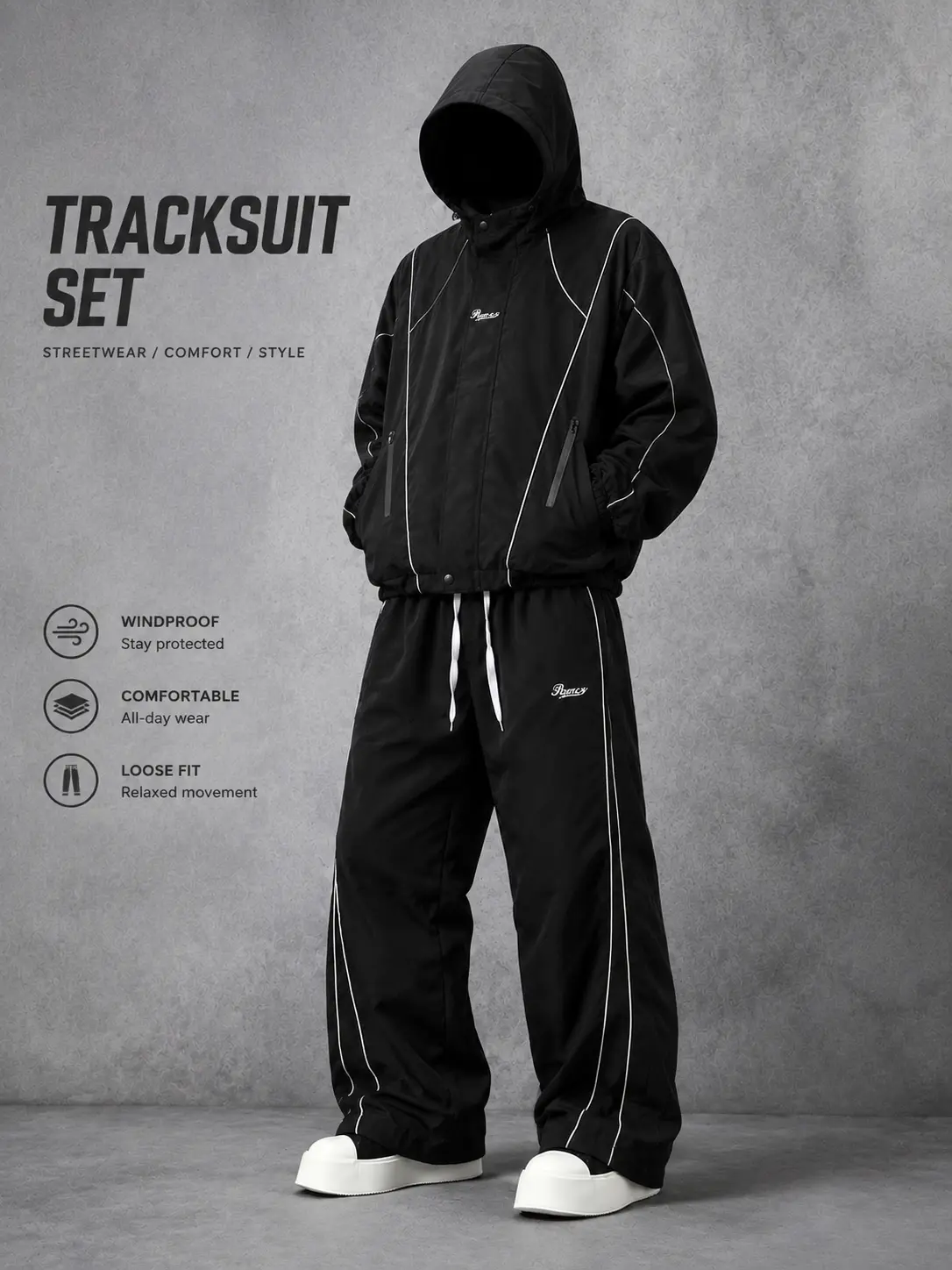 American-style reflective tape hooded outdoor jacket set with letter embroidery, windproof jacket and straight wide-leg athletic pants, two-piece set