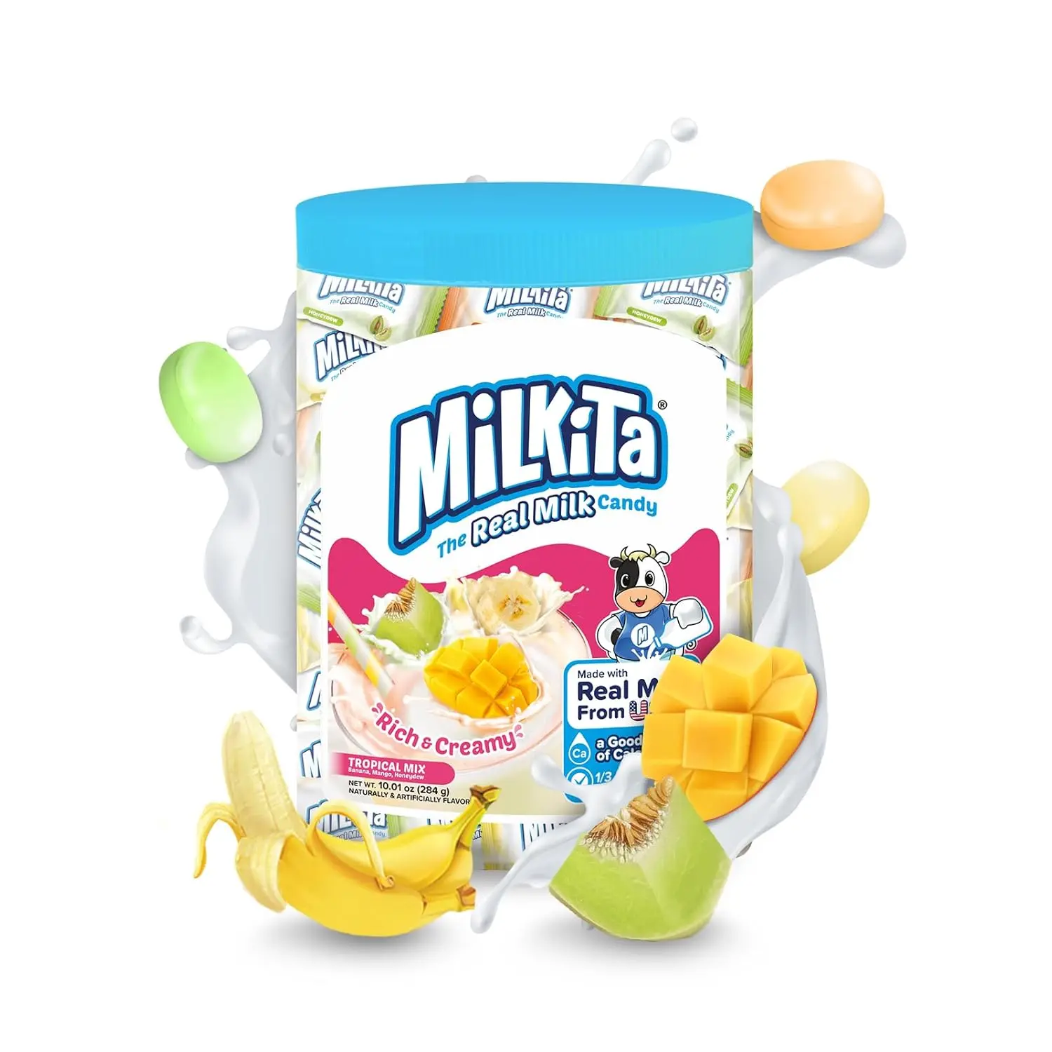 Milk Candy Tropical Mix Jar (71 ct): Milkita Creamy Banana, Mango & Honeydew Individually Wrapped Candy – Low Sugar Candy, Gluten Free & Calcium-Rich Treats for Sharing, Office Snacks & Party Favors