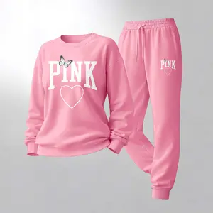 Women's Butterfly Pink Letter Print Crewneck Sweatshirt and Drawstring Track Pants Set, Casual Sportswear, Long-Sleeve Round Neck Top and Pants, Suitable for Spring, Autumn and Winter, Everyday Wear SpringStatements