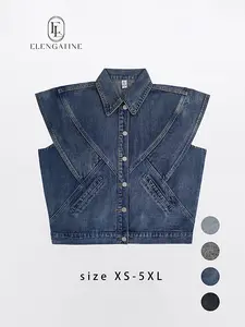 Elengatine Bohemian Style Vintage Cool Denim Vest for Lady Minimalist Rounded Collar Wide Shoulders Slit Pockets Button-front Closure Basic Casual Fitted Denim Jacket Coat Women's Chic Winter Wear