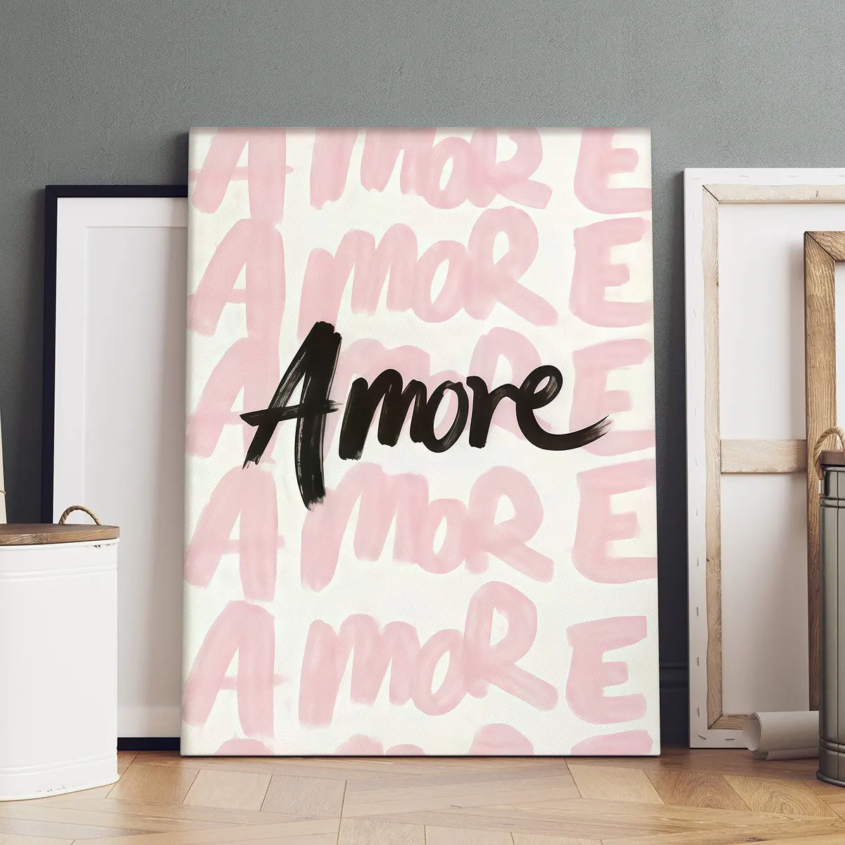 1-count wooden frame canvas, pink and white Amore heart art decorative poster, romantic Italian-style letter poster, fashionable home art wall decoration, modern living room and bedroom decoration, exquisite gifts, Decorative Artwork