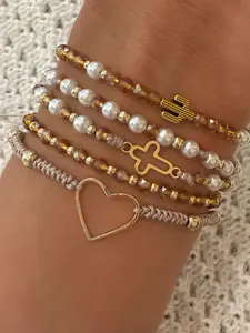 Women's Ccb Beaded Bracelet Set with Heart Cross Charm & Artificial Crystal Beads, Dainty Crystal Bracelet, Perfect for Daily Wear, Elegant Jewelry Accessory