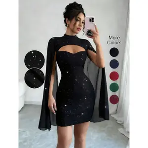Spring & Fall Fashion Sexy Mini Bodycon Dress, Shawl Mesh Design, Cape Sleeves, Sparkling Sequins, Trendy Party Gown