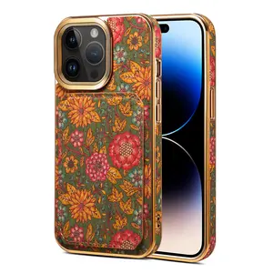 Denior Card-Insertable Phone Case for iPhone 15, 14, 13, and 12 Series (Pro, Max, Plus) features an invisible stand and a stylish floral pattern design. Crafted with a wooden material and electroplated frame, it can hold 1-2 cards