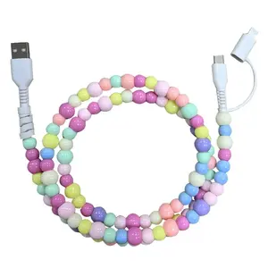 Pearl-Decorated Charging Cable - Compatible with all devices USB-C and Lightning interfaces 2-in-1 data cable, 3.3 feet in length, ideal for women for charging, Aesthetic Appeal, available in multiple colors, Holiday gifts, Christmas gifts, Smartphone
