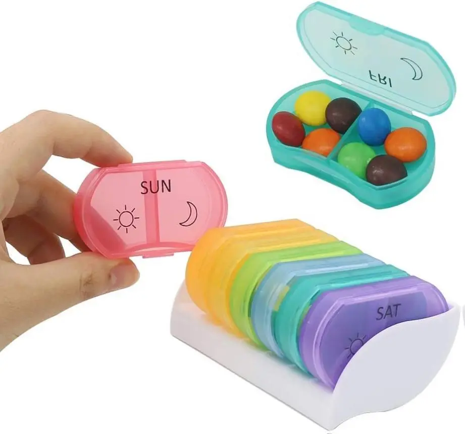 7-Day AM-PM Pill Organizer, Rainbow-Colored Vitamin Dispenser, 2-Times-a-Day Portable Compact Food-Grade Plastic Supplement Container