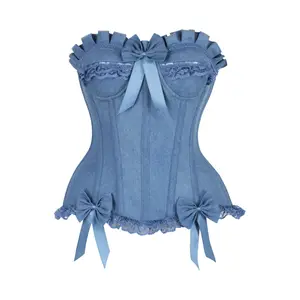 Top Drawer Blue Denim Underwire Steel Boned Burlesque Corset w/Bows