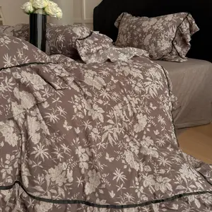 Vintage Print Linen-Feel Decorative Bedding Set, Chic Wide Hem Ruffle Includes 1 Duvet Cover & 2Pillowcases, French Country Style, Soft Breathable Fabric