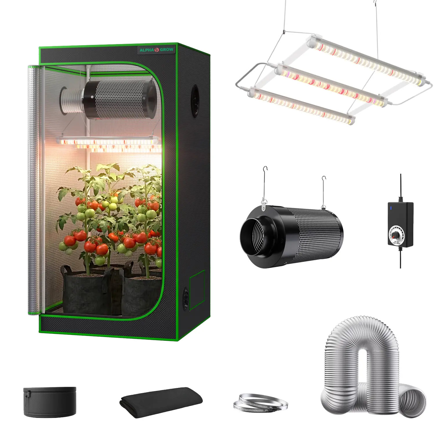 ALPHAGROW 1800D Lightproof Waterproof Metal Rectangle Plant Growing Set, Cultivation Equipment with 33W Full-Spec LED, 4/6-in Inline Fan, Carbon Filter Kit, Clamps, Hanging Setup for 2x2/2x4/4x4 Indoor Hydroponics System
