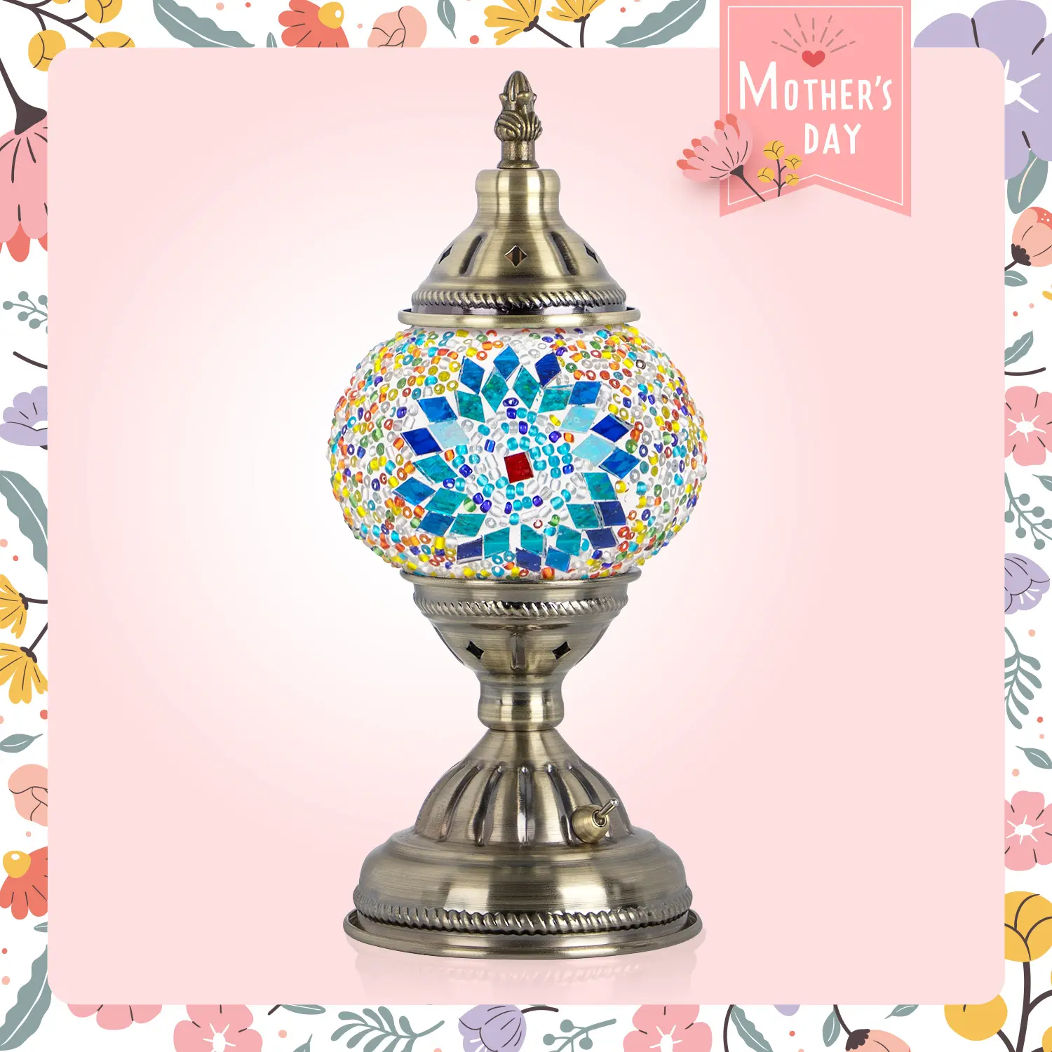 Yarra-Decor Handmade Turkish Moroccan Lamp - Tiffany Mosaic Glass with Bronze Base, Portable Bedside Lamp, Rechargeable Battery 2000mAh (LED Bulb Included) Lighting Christmas gifts Valentine's Day gifts Decorative Lamp Led Father's Day gift